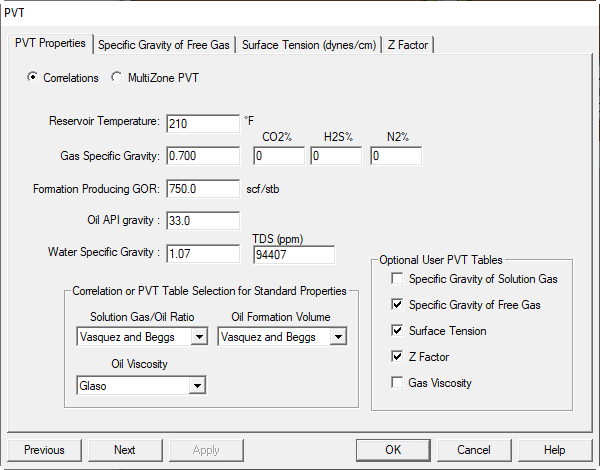 Inputs PVT Properties